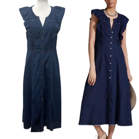 Anthropologie Pilcro Dark Blue Denim Ruffle Sleeve Maxi Midi Dress, 14. buttons - Picture 2 of 16